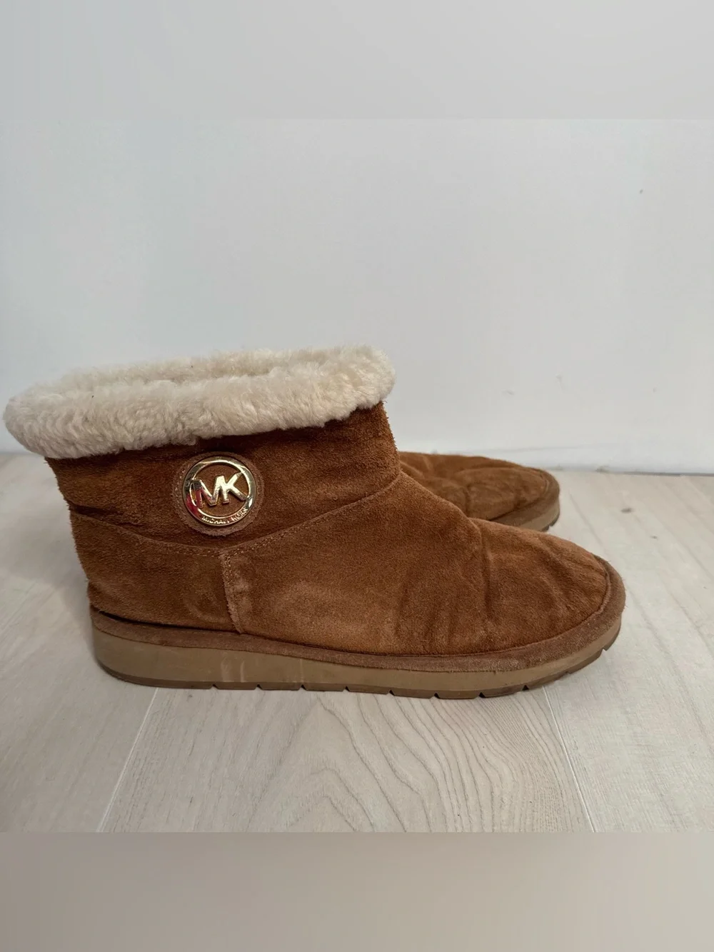 Michael Kors Chestnut Suede-Look Bootie with Cream Shearling and Gold Logo 9M
